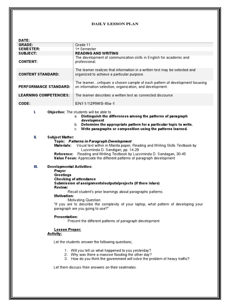 Reading and Writing Lesson PLan PDF Lesson Plan Question