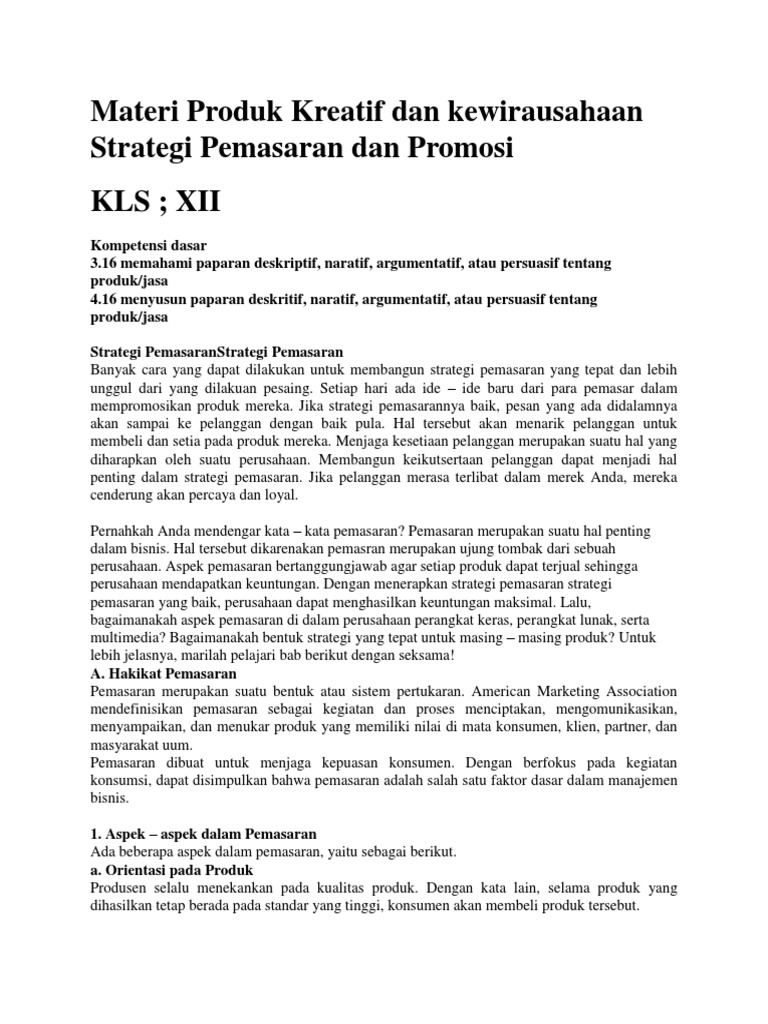 Materi Produk Kreatif Dan Kewirausahaan Strategi Pemasaran Dan Promosi Docx