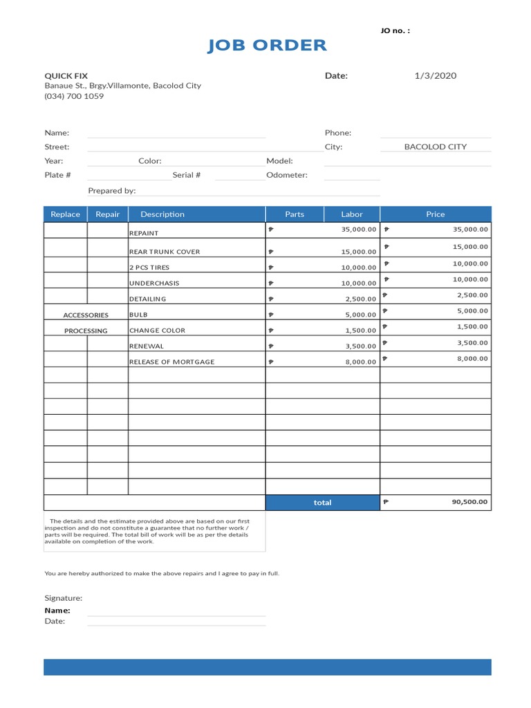 Job Order Form | PDF | Vehicles | Motor Vehicle