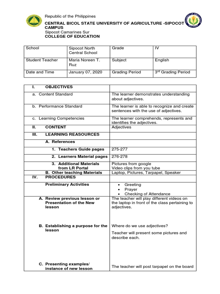 Lesson Plan About Adjective Pdf Lesson Plan Linguistics