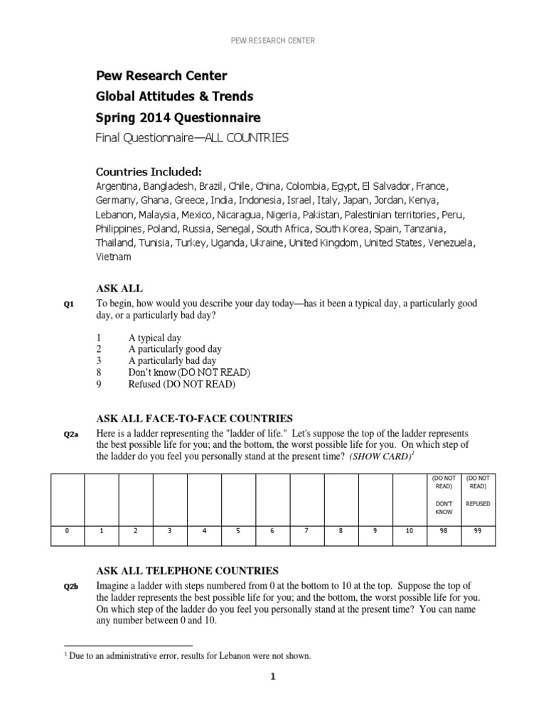 Pew Research Spring 2014 Global Attitudes Questionnaire For Web