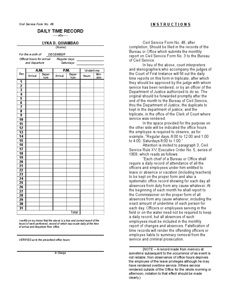 CSCForm48 DailyTimeRecord (DTR) | PDF | Common Law | Government Information