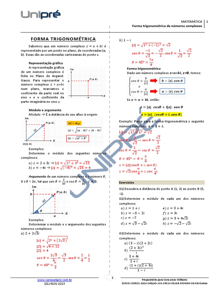 Números Complexos - Forma Trigonométrica - Nota de Aula e Exerc | PDF ...