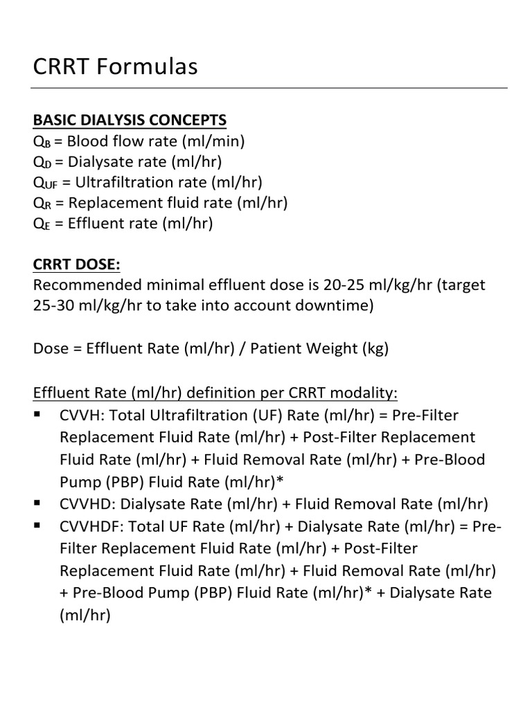 UAB CRRT Academy 2018 Formulas | PDF | Dialysis | Calcium In Biology