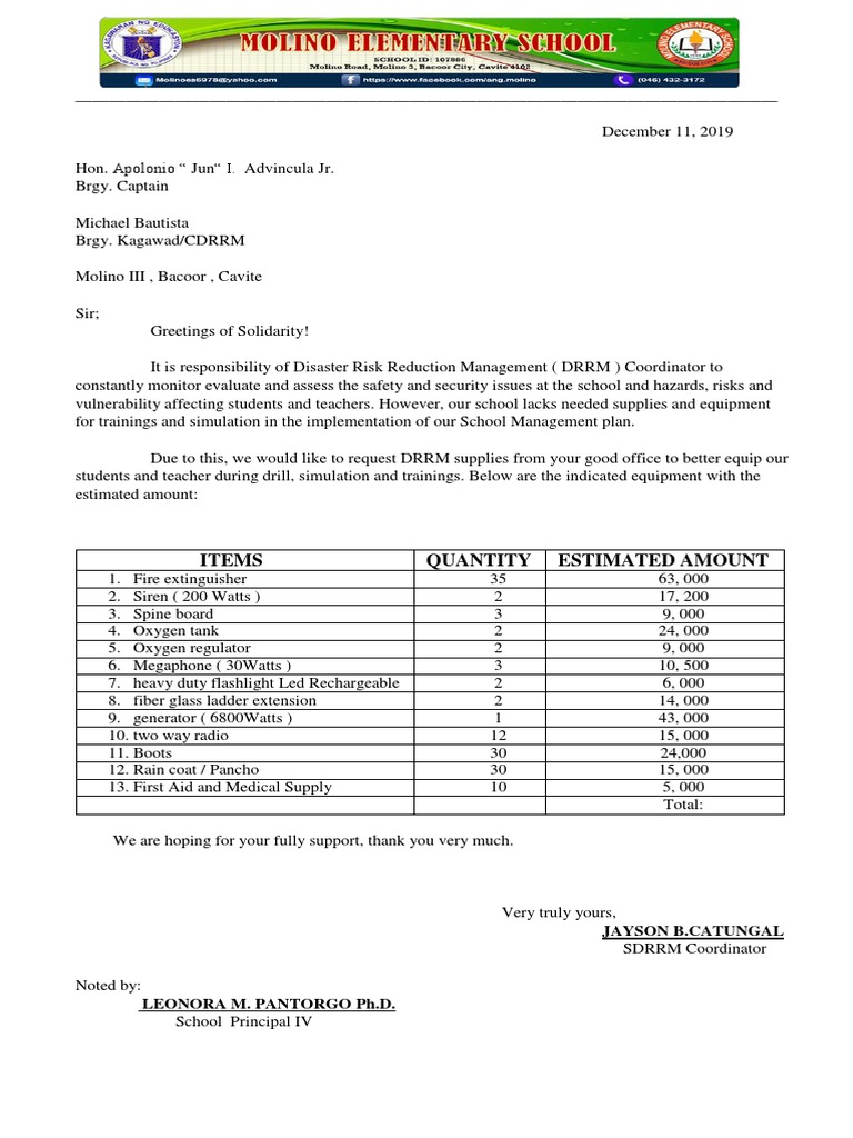 Request for DRRM Supplies in School | PDF | Emergency Management ...