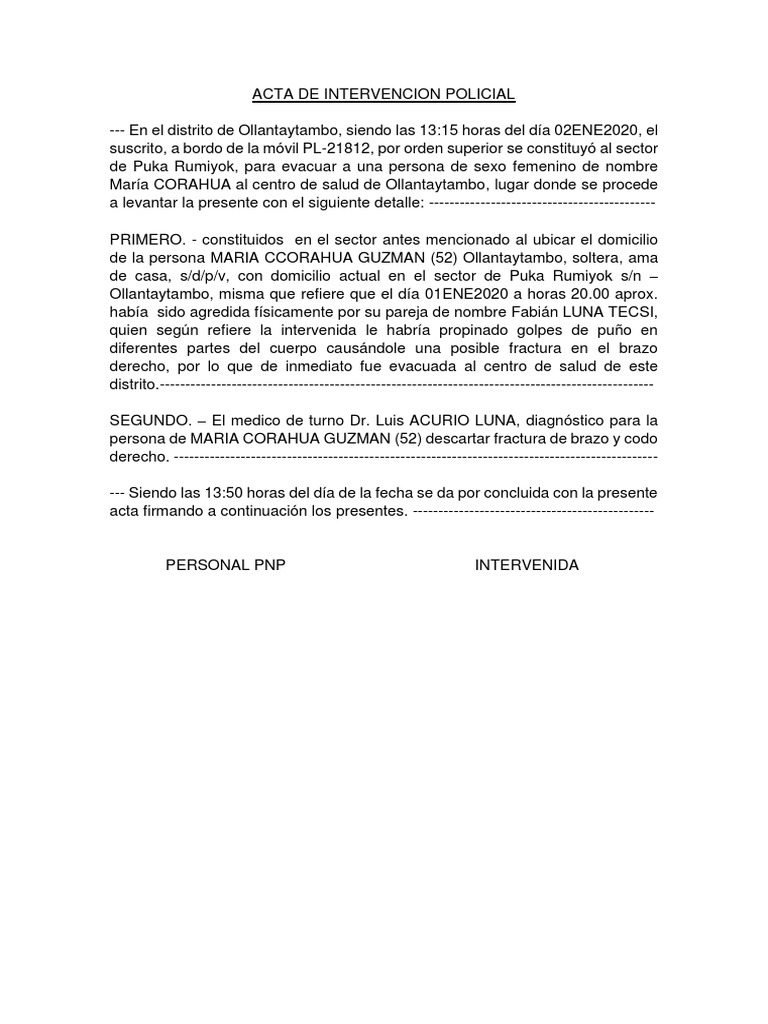 Acta de Intervención por Violencia Familiar | PDF