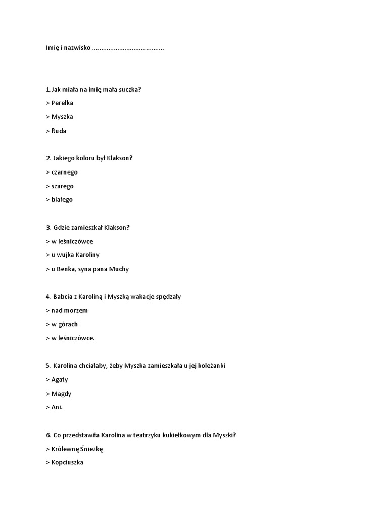 Test Ze Znajomosci Lektury Pieciopsiaczki