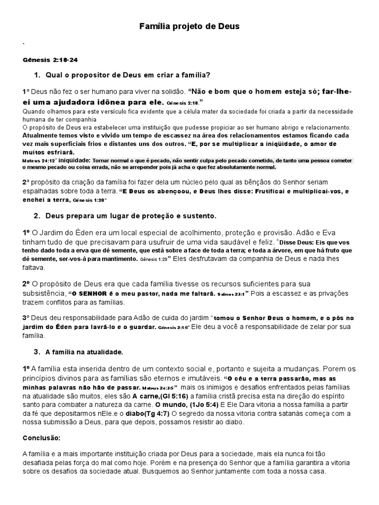 Família Projeto De Deus Pdf Gênesis Livro Pecado