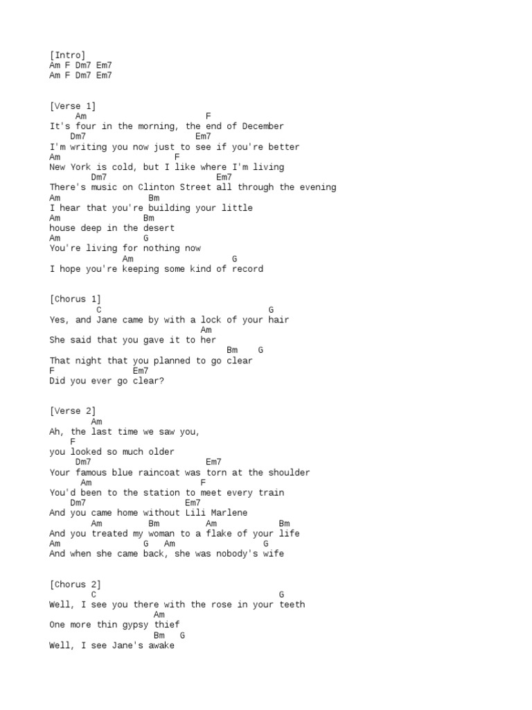 Famous Blue Raincoat PDF Song Structure