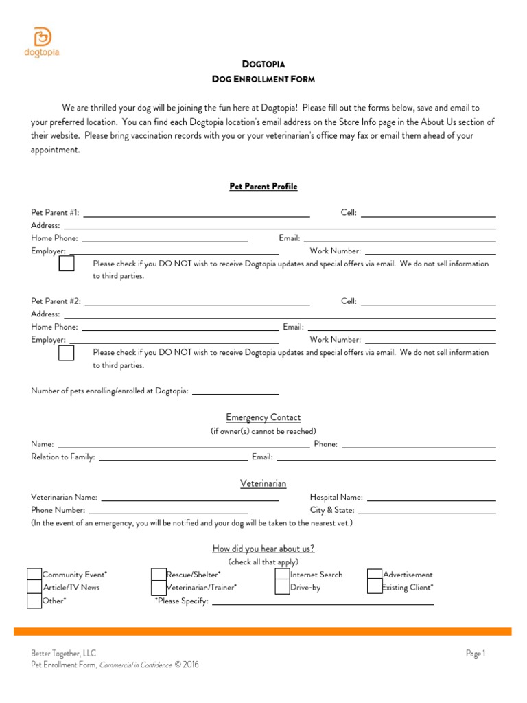 Dogtopia Enrollment Form | PDF | Leash | Dogs