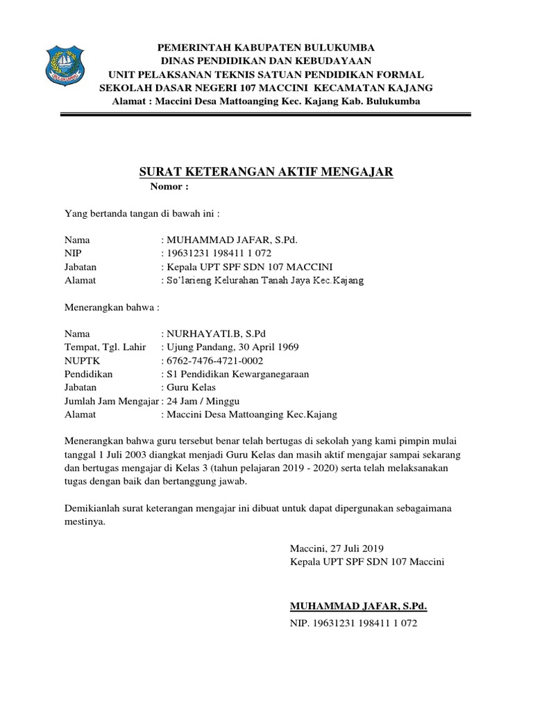 Contoh Surat Aktif Mengajar Pdf