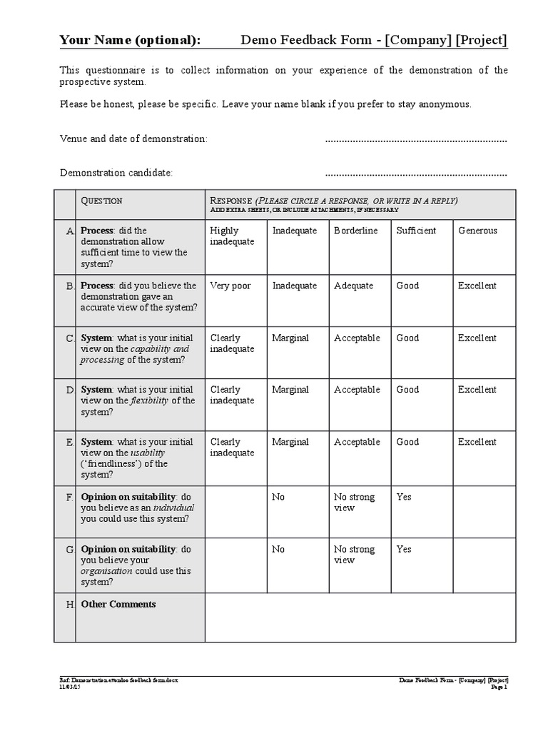 Demo Feedback Form Template | PDF | Cognition | Psychological Concepts