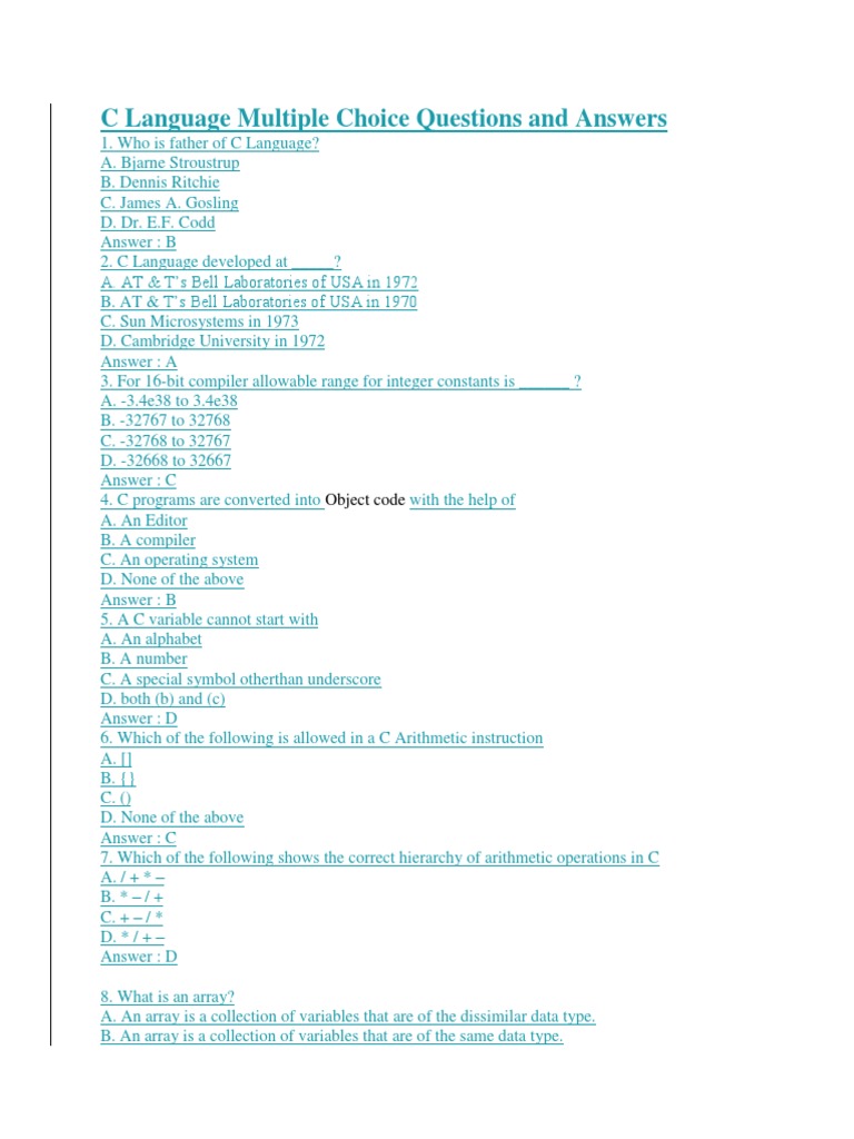 C Programming Multiple Choice Questions and Answers on Common C Topics ...