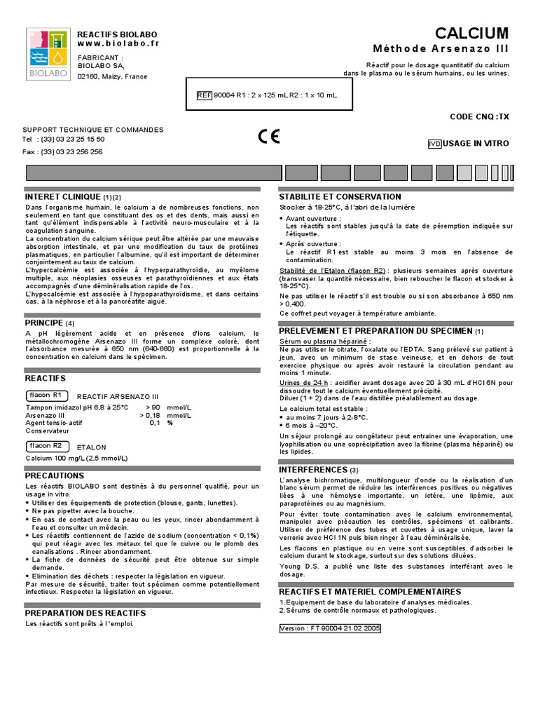 Dosage du calcium par Arsenazo III | PDF | Calcium | Acide chlorhydrique