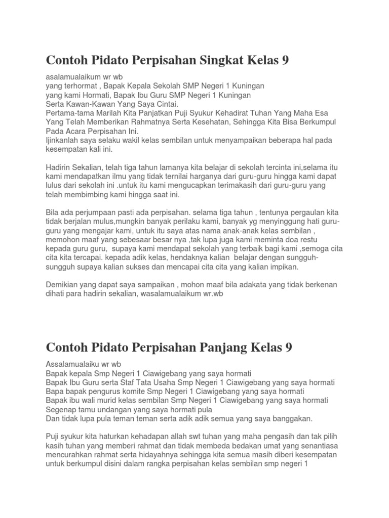 Contoh Pidato Perpisahan Singkat Kelas 9 PDF