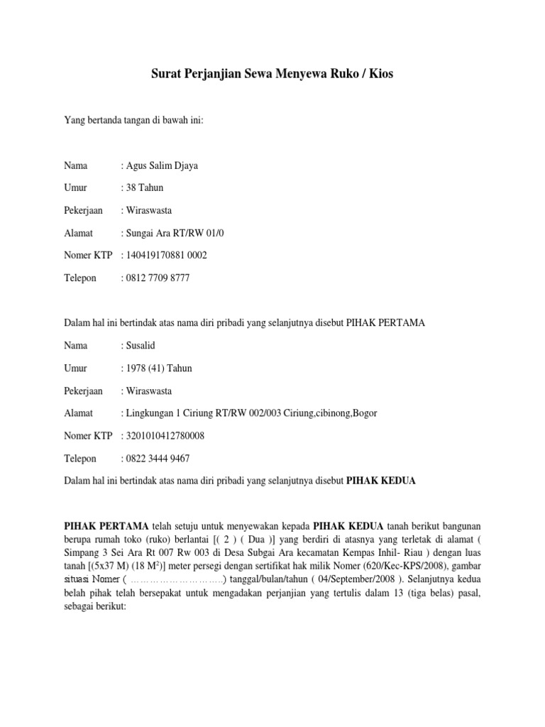 Surat Perjanjian Sewa Ruko 2019-2020 | PDF