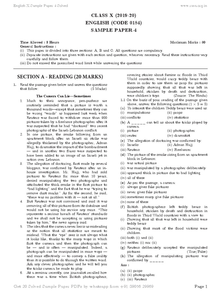 Class X English Sample Paper 4 | PDF | Advertising