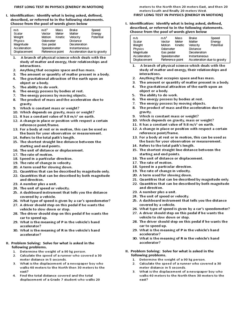 Module 1 Describing Motion Long Test PDF Acceleration Mass