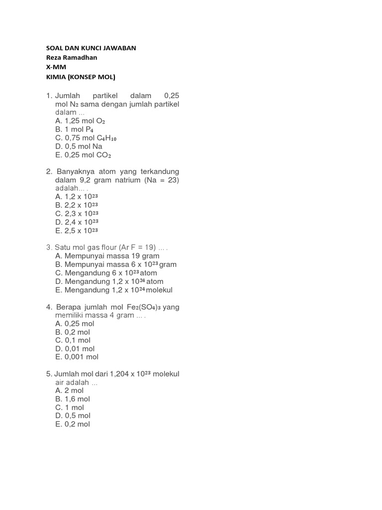 Soal Kimia Konsep Mol