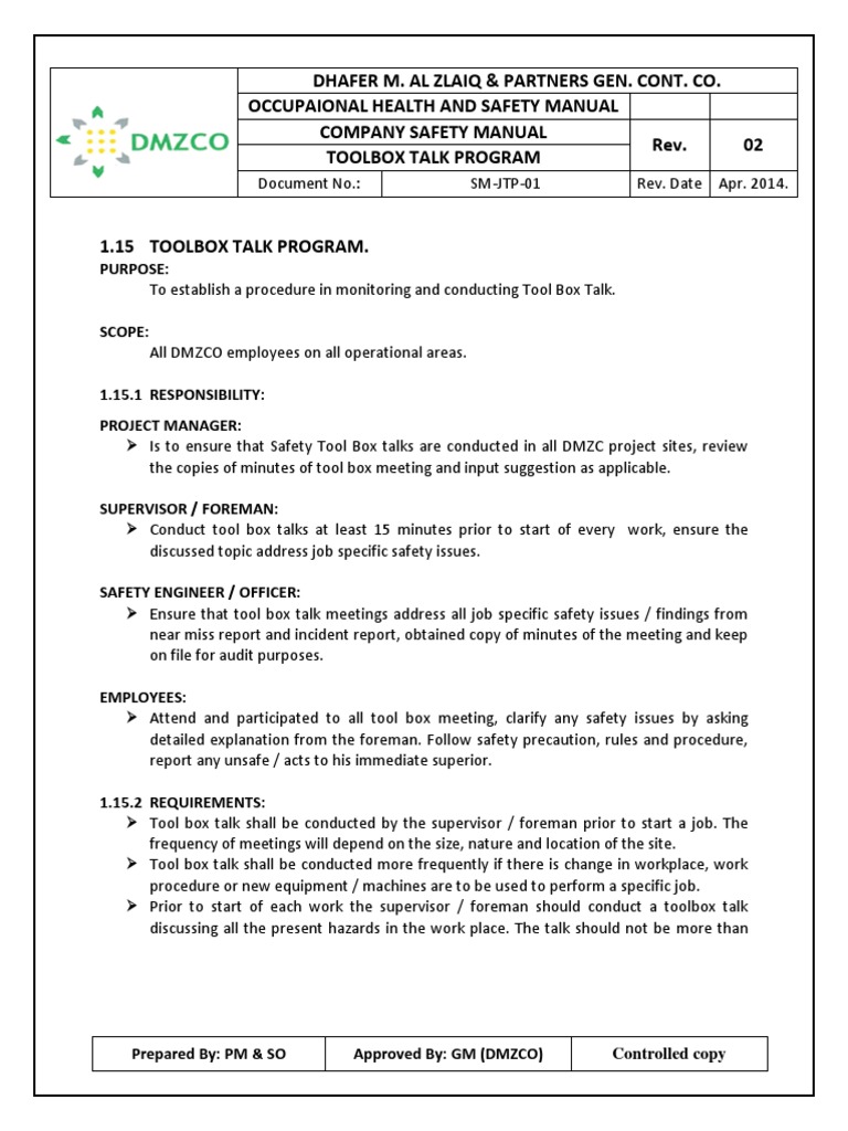 Tool Box Talk PDF Prevention Business