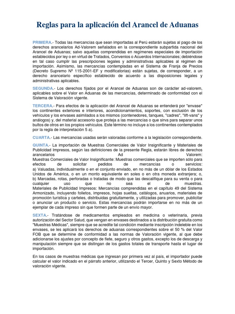 Reglas del Arancel de Aduanas en Perú | PDF | aduana | Arancel