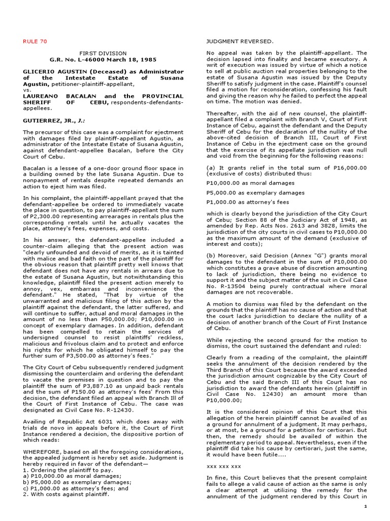 Ejectment Case Summary: Agustin vs. Bacalan | PDF | Lawsuit | Judgment ...