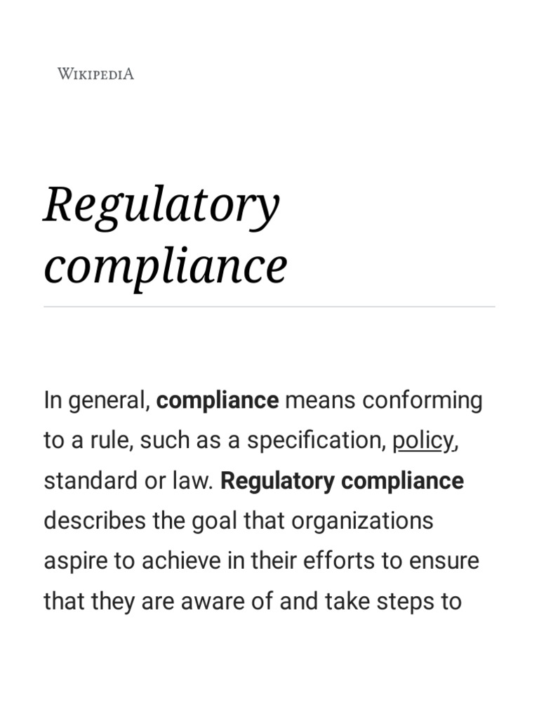 Regulatory Compliance Wikipedia Regulatory Compliance Corporate Governance