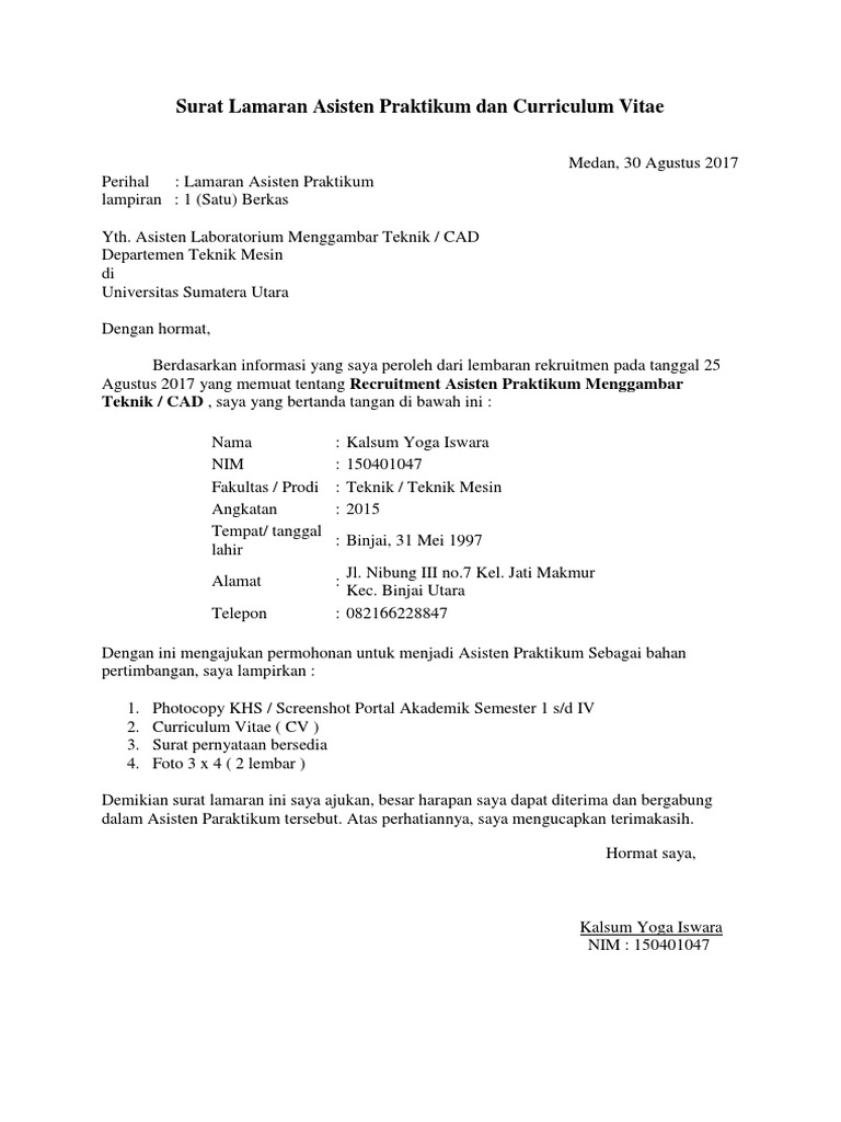 Surat Lamaran Asisten Praktikum Dan Curriculum Vitae | PDF