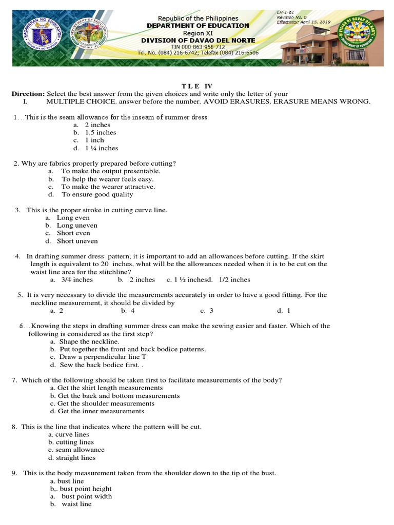 Dressmaking Exam Questions and Answers | PDF | Seam (Sewing) | Clothing