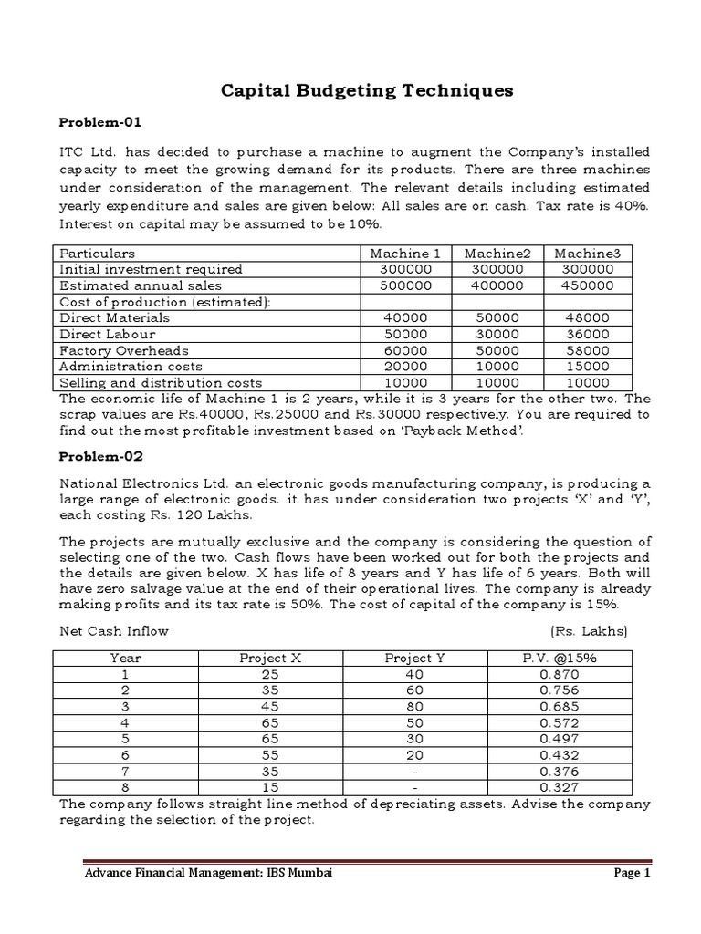 Capital Budgeting Techniques and Problems | PDF | Capital Budgeting ...
