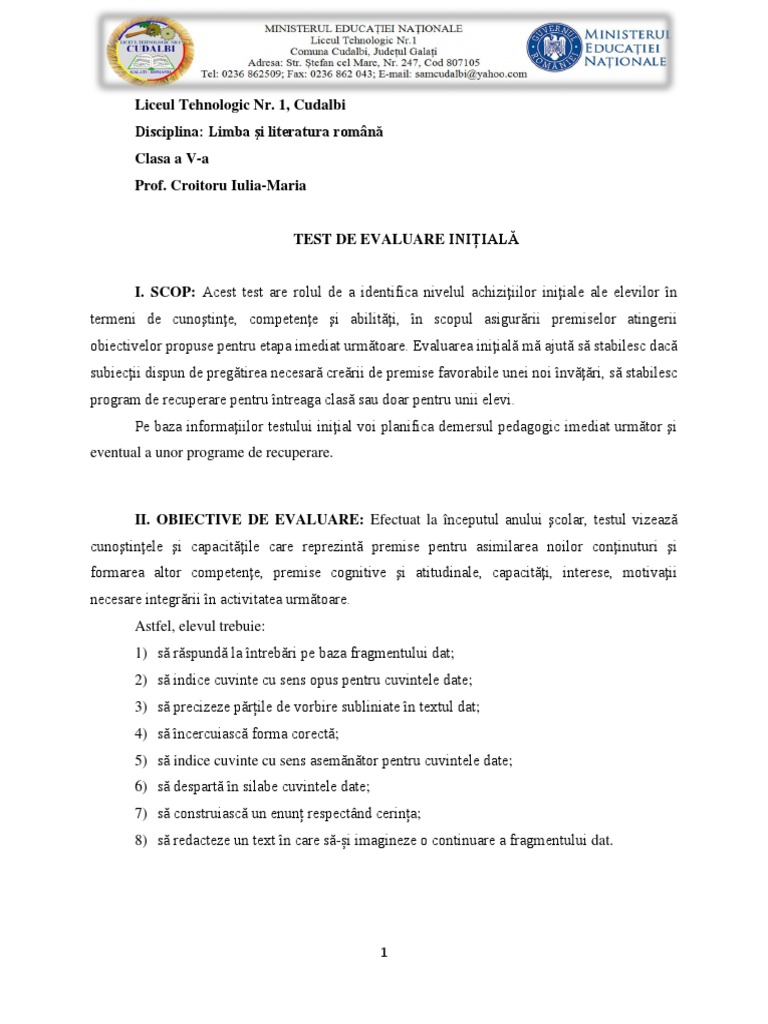 Interpretare Test Initial Limba Si Literatura Romana A V-A | PDF