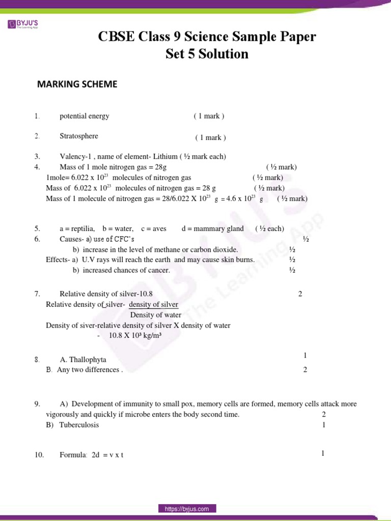 Class 9 Science Sample Paper Solutions | PDF | Buoyancy | Chemistry