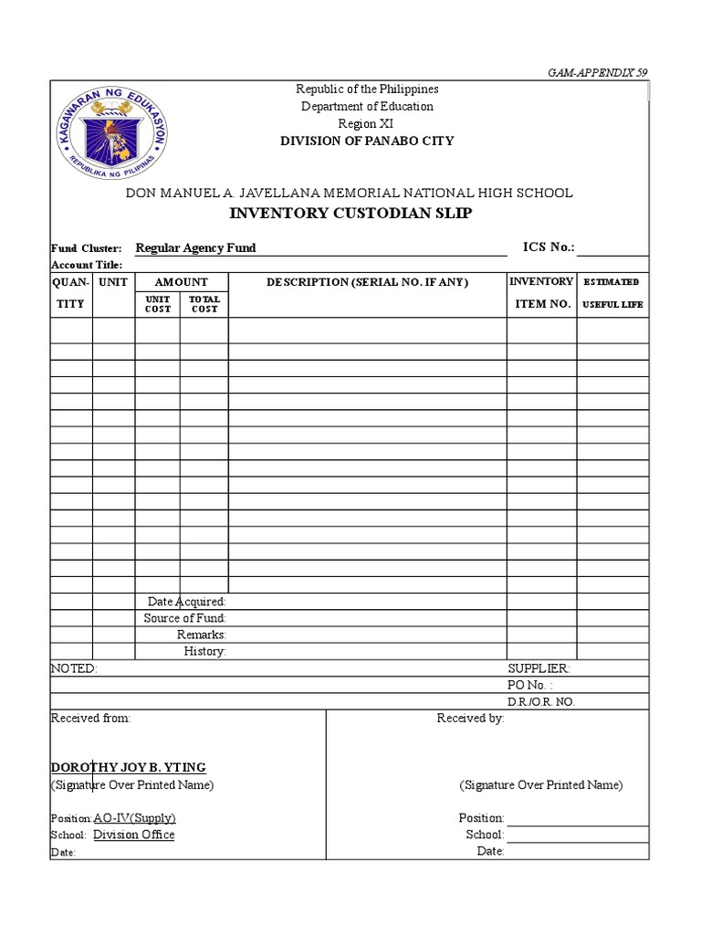 Inventory Custodian Slip 1 PDF Inventory Business