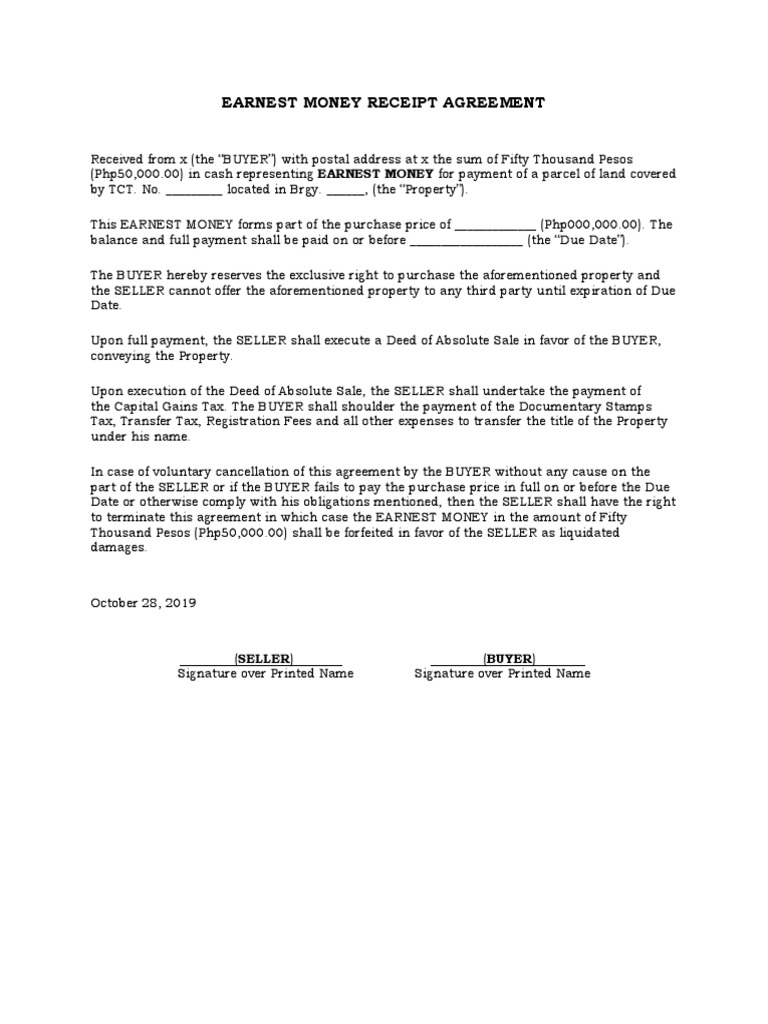 Earnest Money Receipt Agreement | PDF | Law