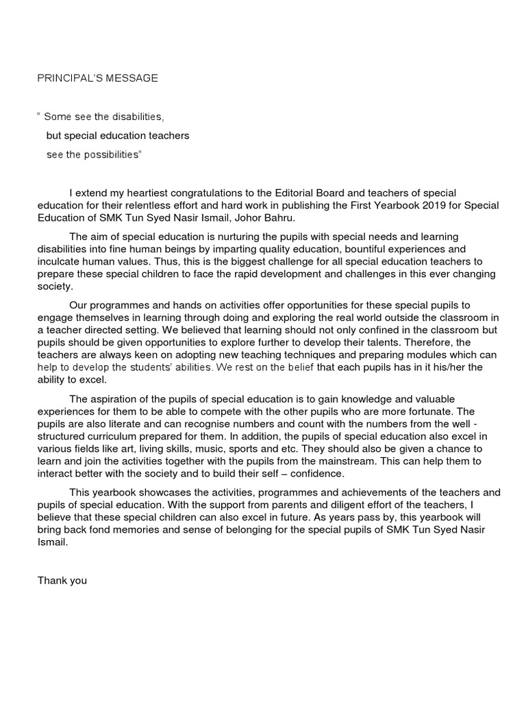 PRINCIPAL Message Special Education | PDF | Wellness