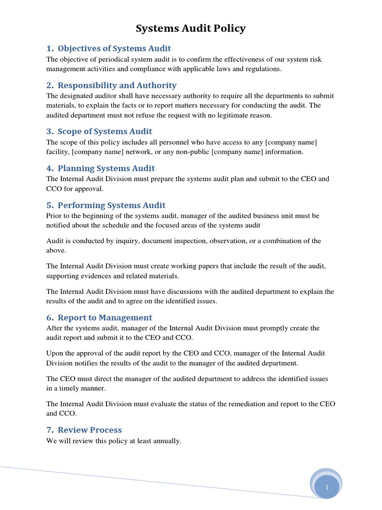 Systems Audit Policy Template PDF Internal Audit Auditor's Report