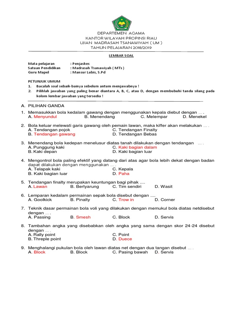 Soal Us Pjok Pdf