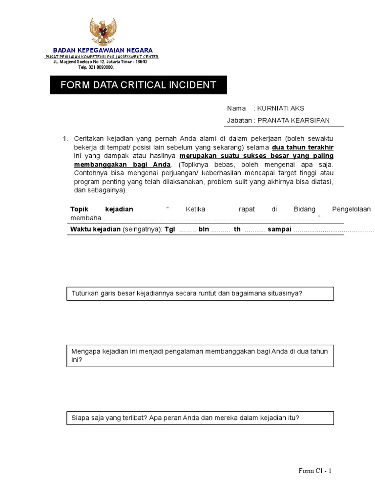 Contoh Formulir Critical Incident PNS | PDF | Bisnis | Komputer