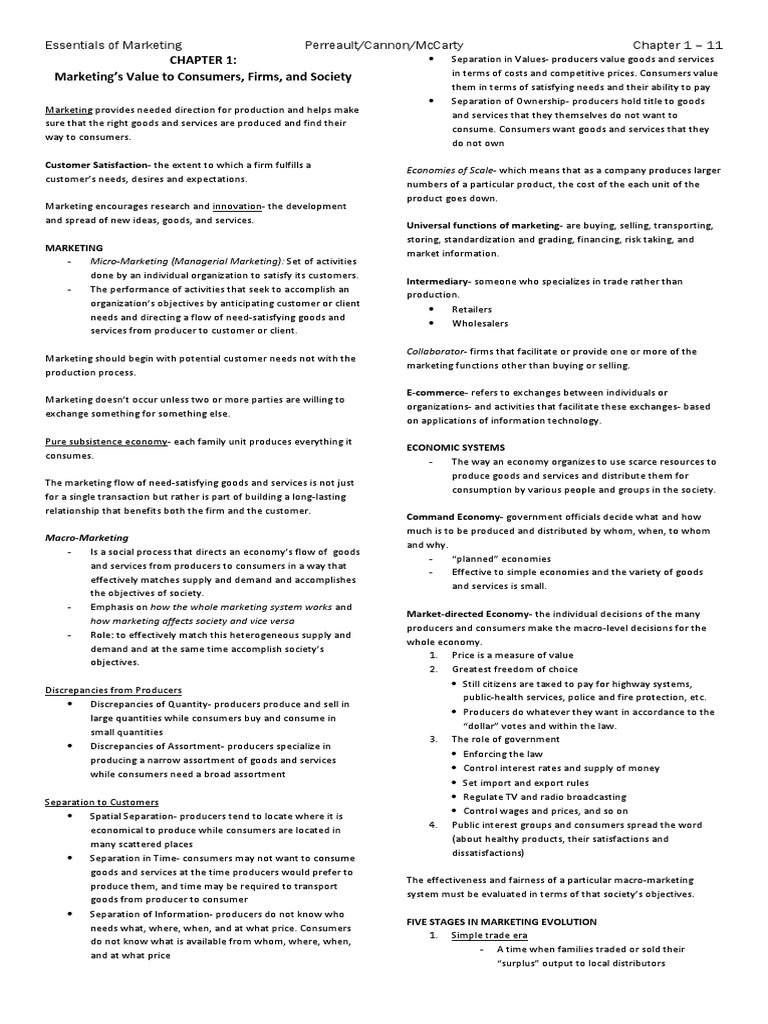 Essentials of Marketing - Perreault/Cannon/McCarthy (Ch. 1-11 Notes ...