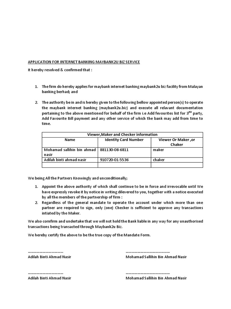 Application For Internet Banking Maybank2u Biz Service Pdf