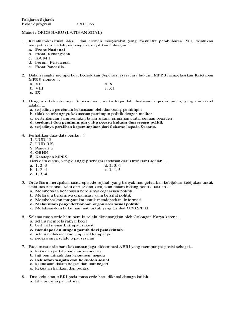 Latihan Soal Kelas 12 Ipa Orde Baru