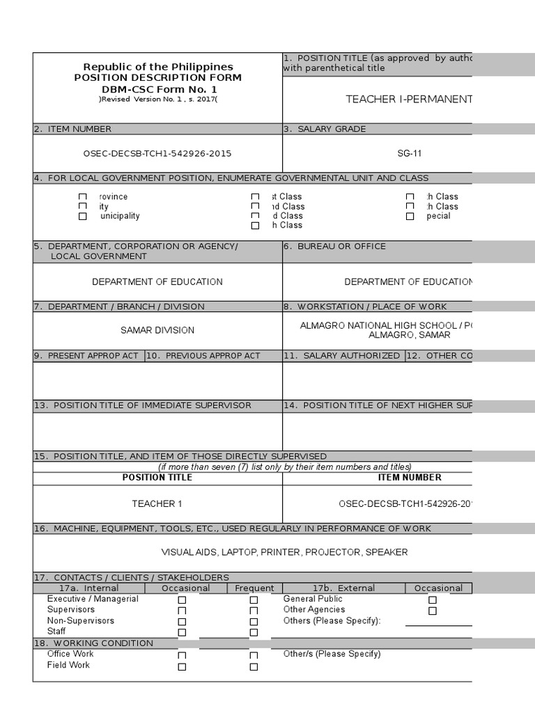 Dbm csc form no 1 position description forms pdf teaching teachers