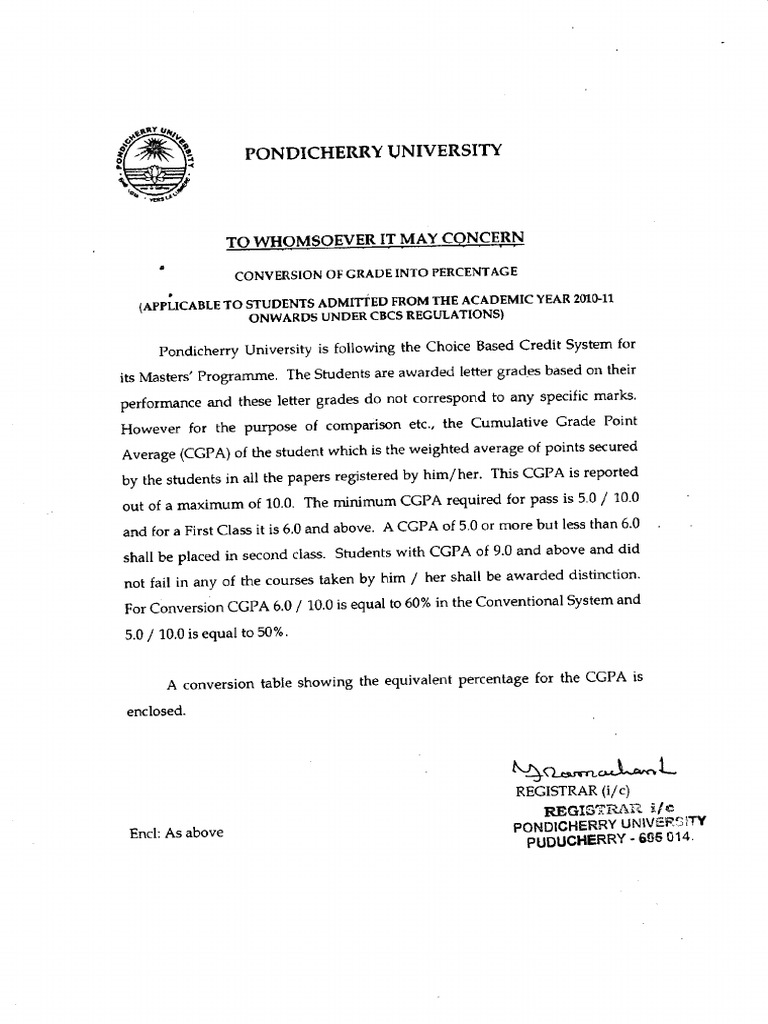 Pondicherry University CGPA to Percentage Conversion | PDF | Schools |  Statistics Of Education