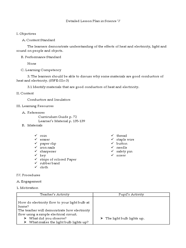Detailed Lesson Plan in Science V | PDF | Electrical Conductor ...