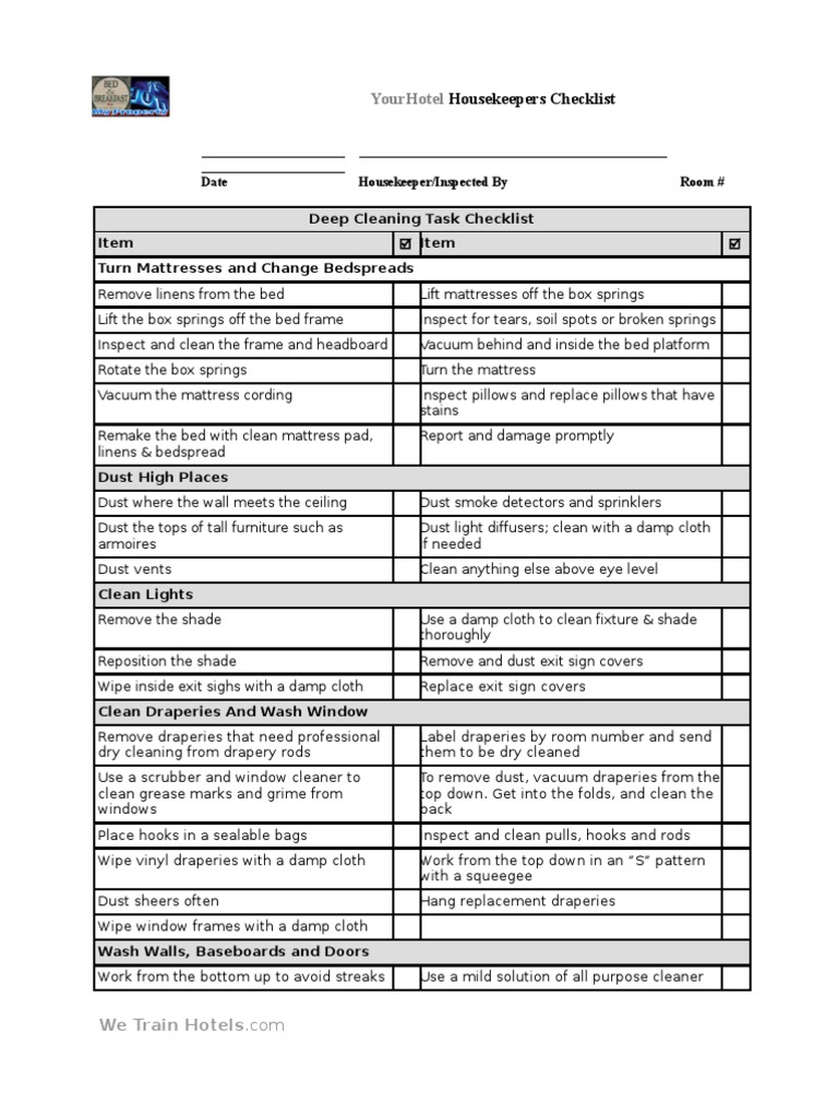 Deep Cleaning Checklist Template PDF Vacuum Cleaner Bed