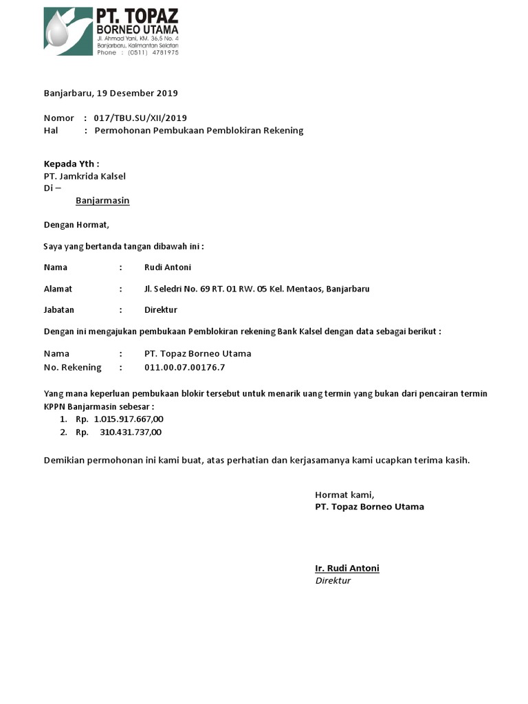 Surat Permohonan Pembukaan Blokir Rekening Pdf