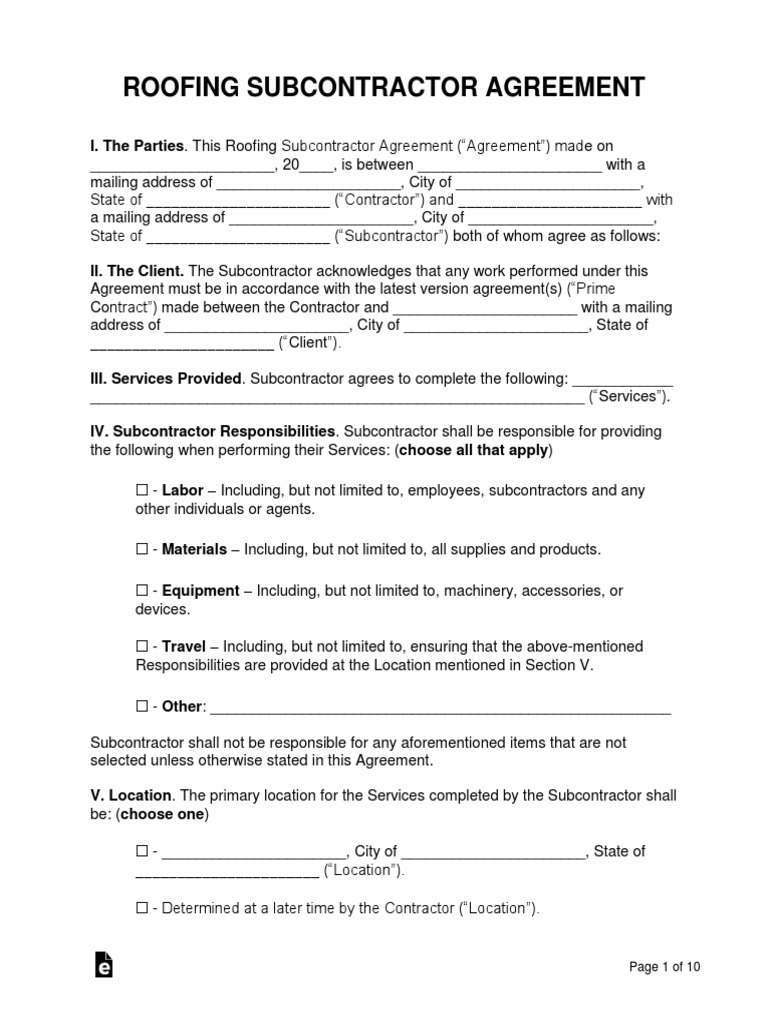 Roofing Subcontractor Agreement Template | PDF | Indemnity | Liability ...