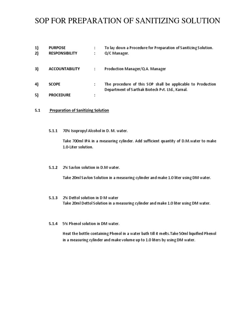Sop For Preparation of Sanitizing Solution PDF