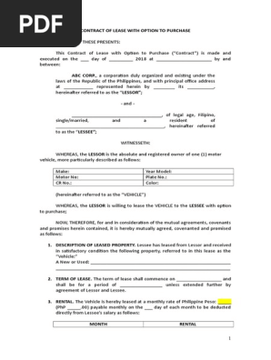 Sample Contract of Lease with Option to Purchase Motor Vehicle