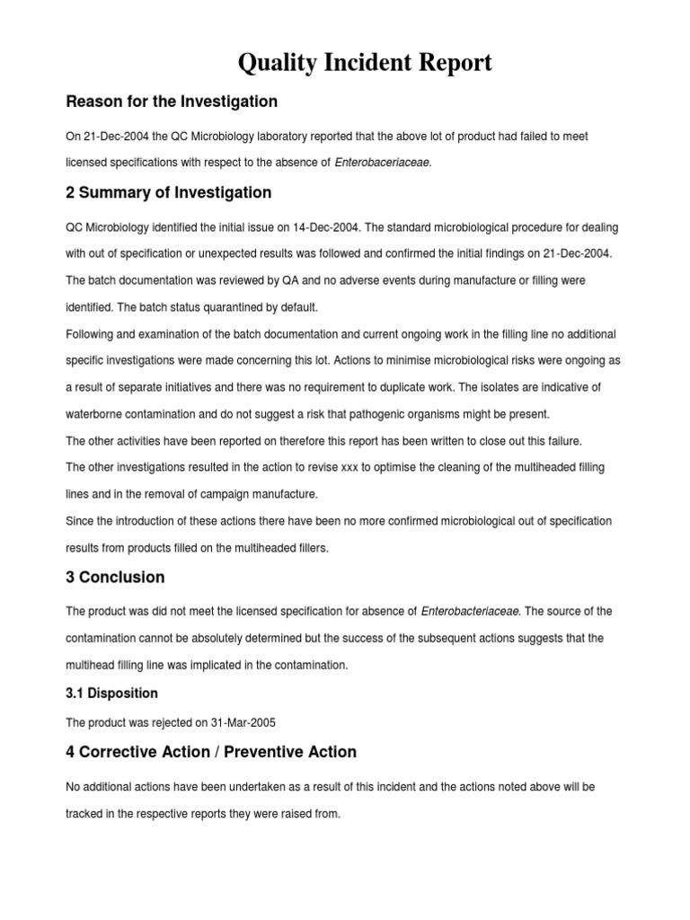 Quality Incident Report in Pharma | PDF